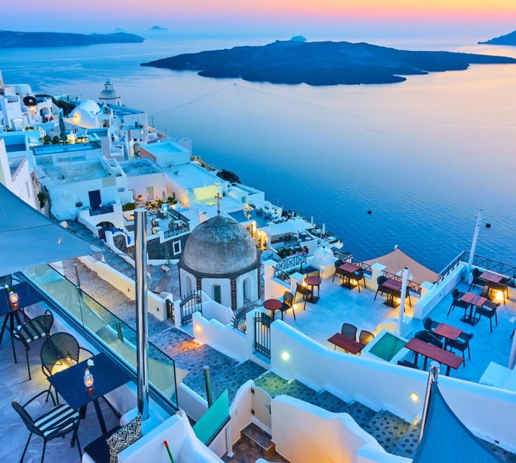 Evening in Santorini - Thira town and Aegean sea at sundown, Greece - Landscape